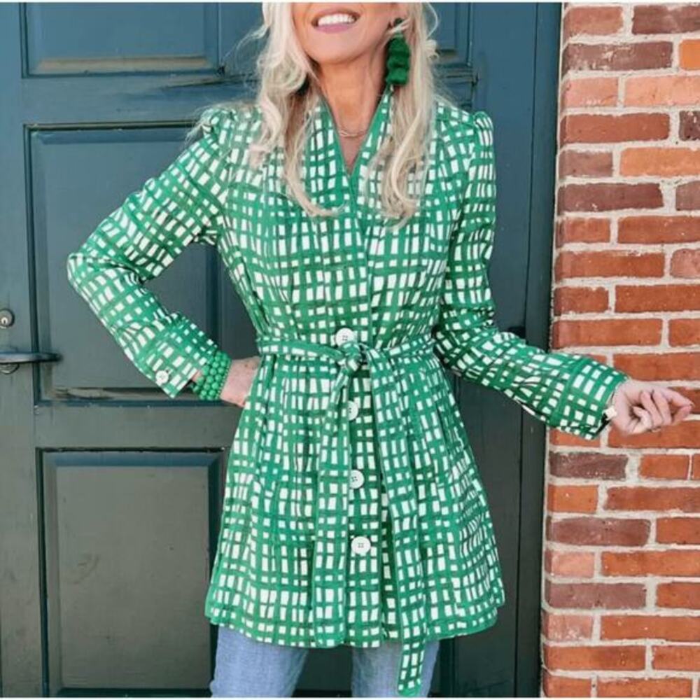 CaBi CIRCUIT Green White Plaid Linen Rayon Belted‎ Jacket Coat